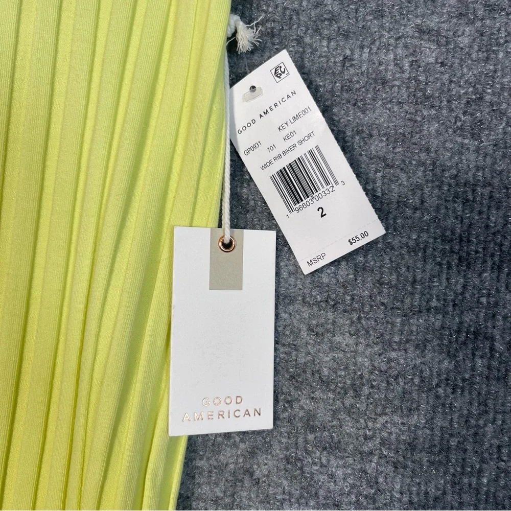 NWT Good American 2 Women’s XS Key Lime Pull On Wide Ribbed Biker Bermuda Shorts